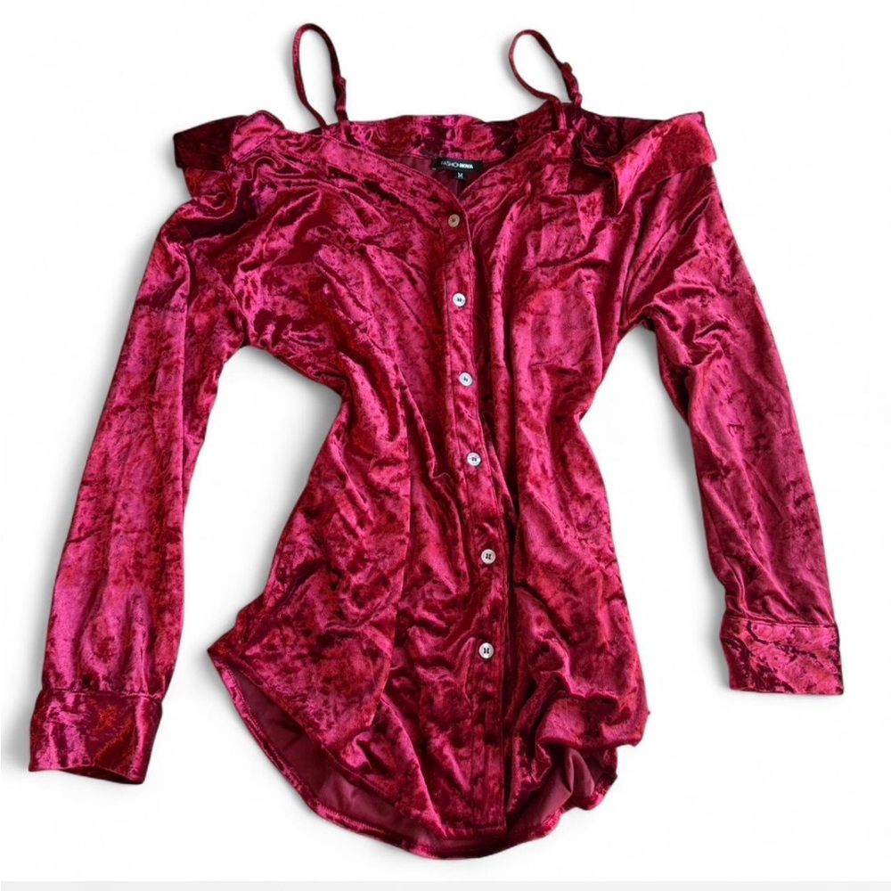 Red Velvet Off-Shoulder Button-Up Top
